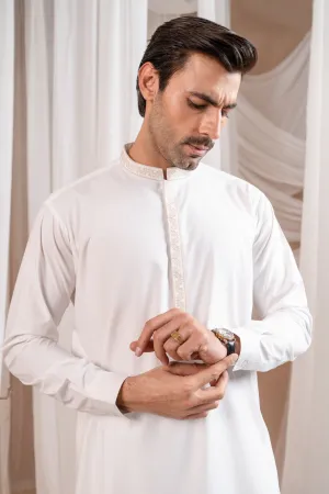 Formal Off White Kurta Shalwar - Collar Neck Embroidered - Men