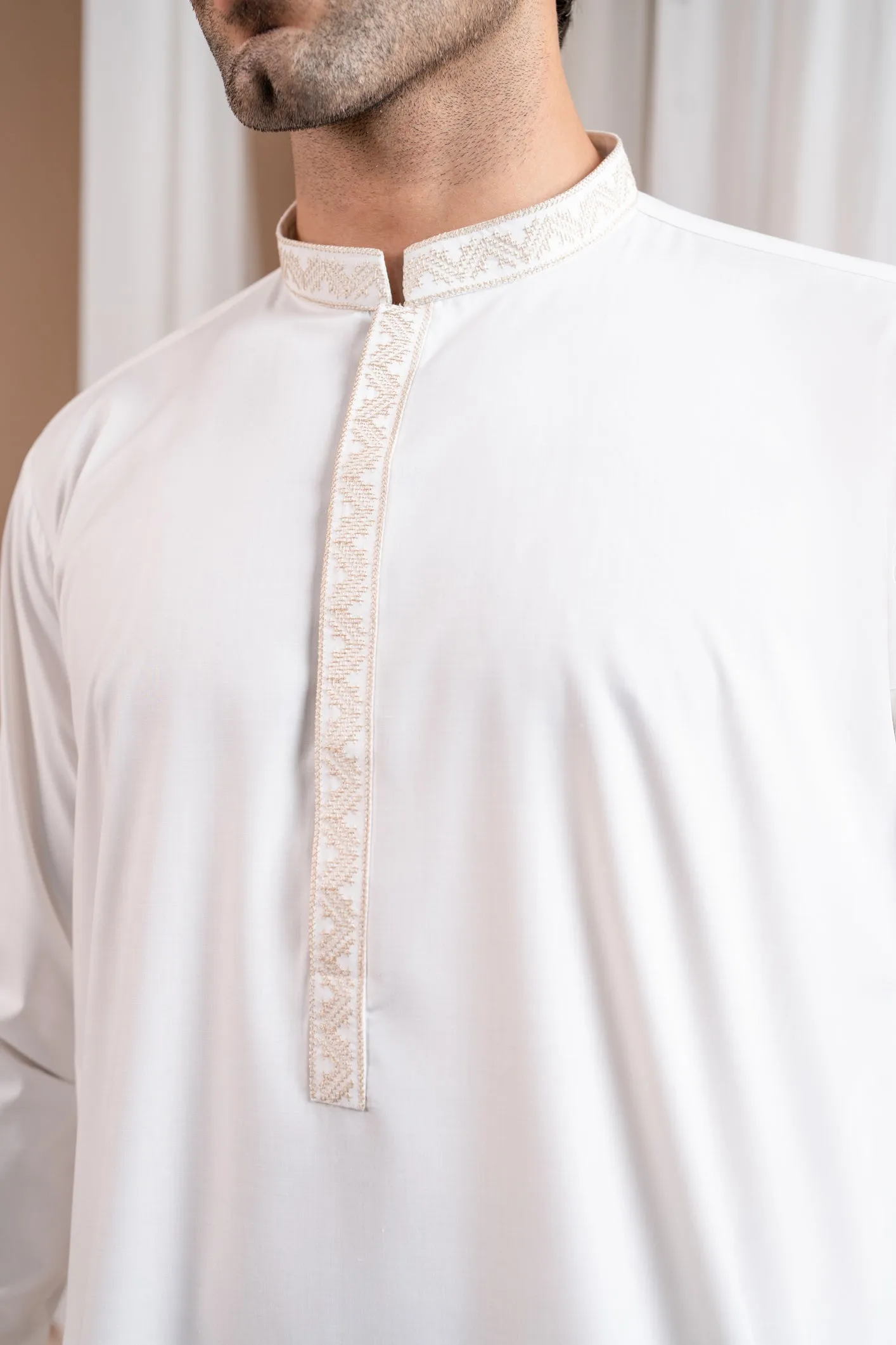 Formal Off White Kurta Shalwar - Collar Neck Embroidered - Men