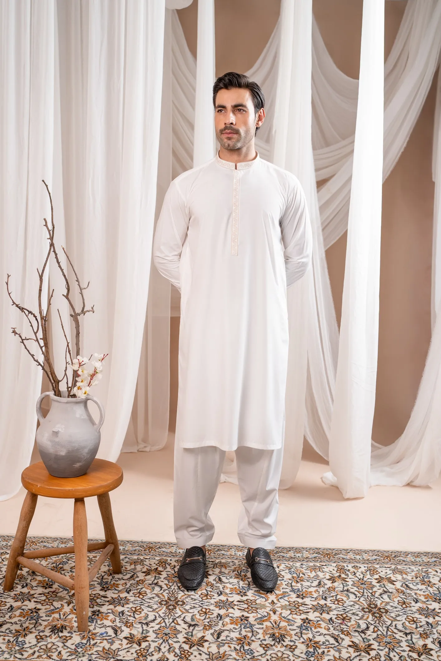 Formal Off White Kurta Shalwar - Collar Neck Embroidered - Men