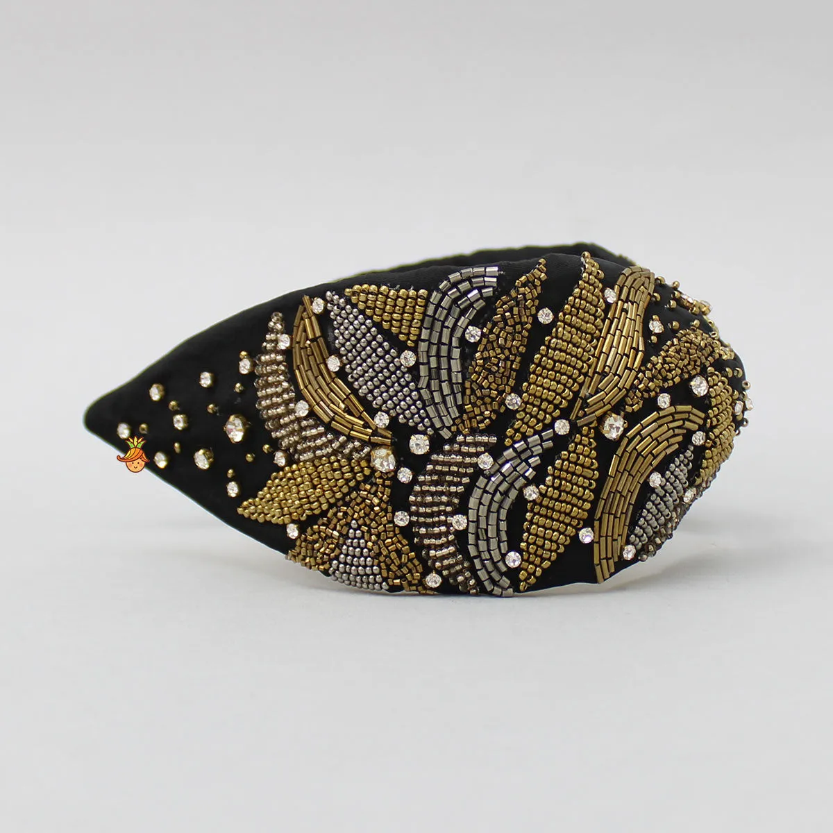 French Crepe Intricate Embroidered Knot Detail Black Hair Band