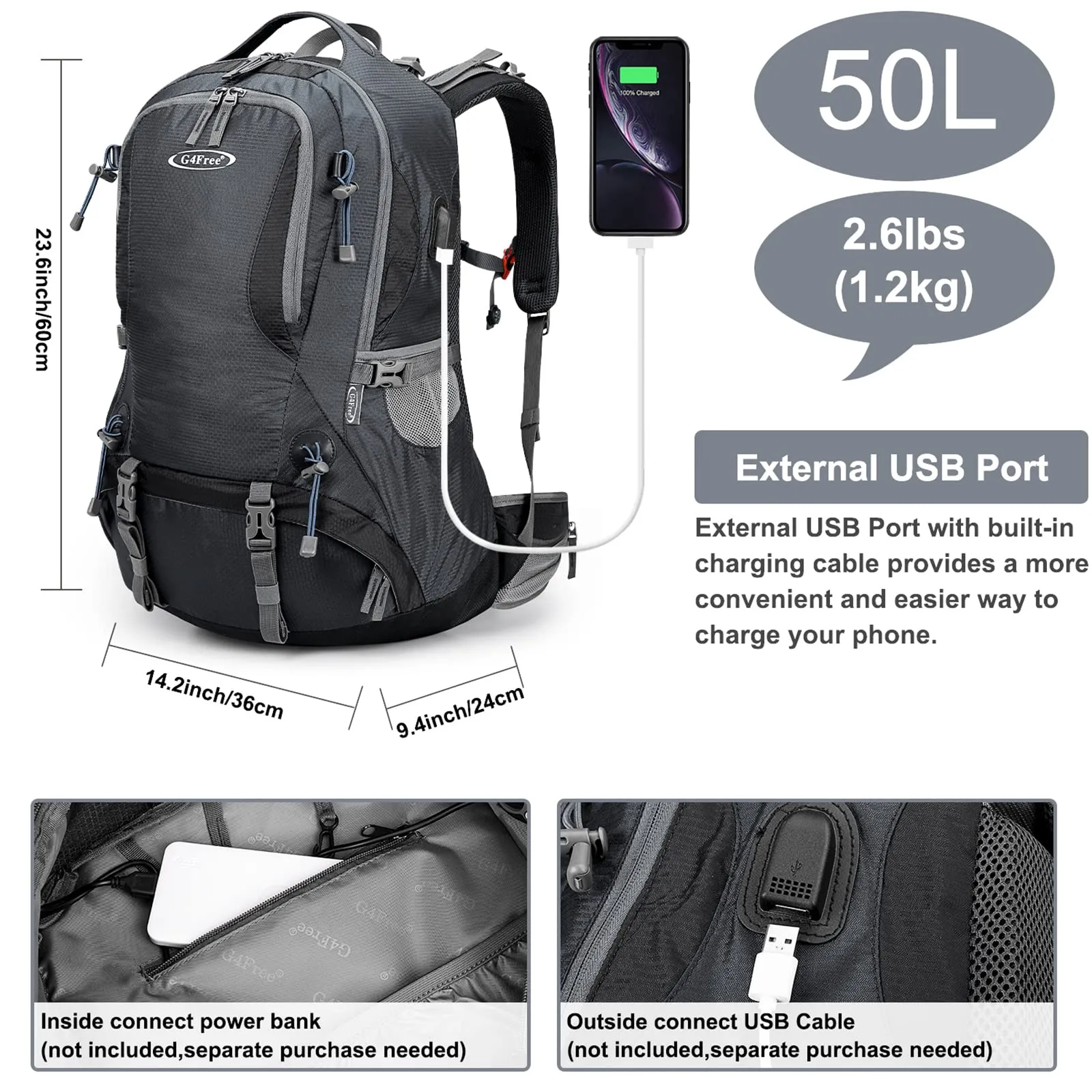 G4Free 50L Hiking Backpack with Rain Cover for Men Women