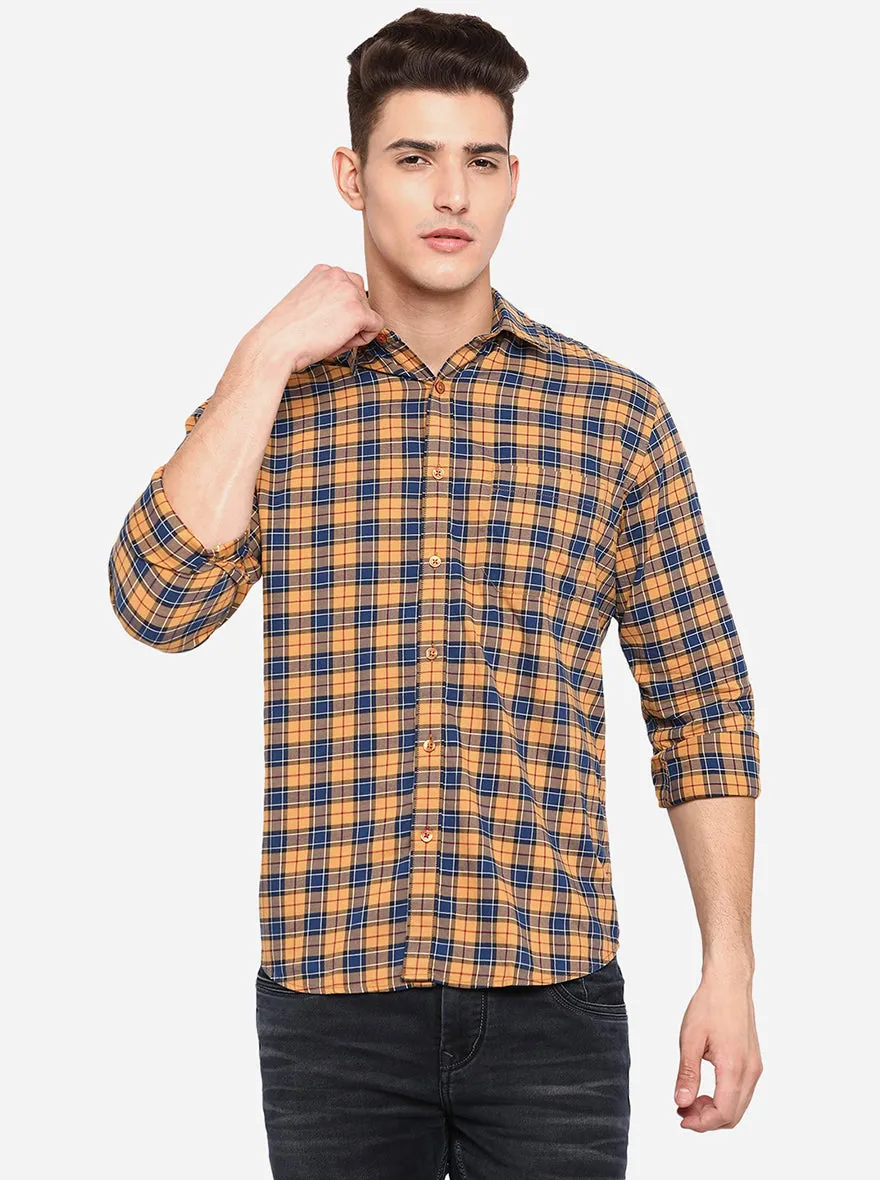 Golden & Navy Blue Checked Classic Fit Casual Shirt | Greenfibre