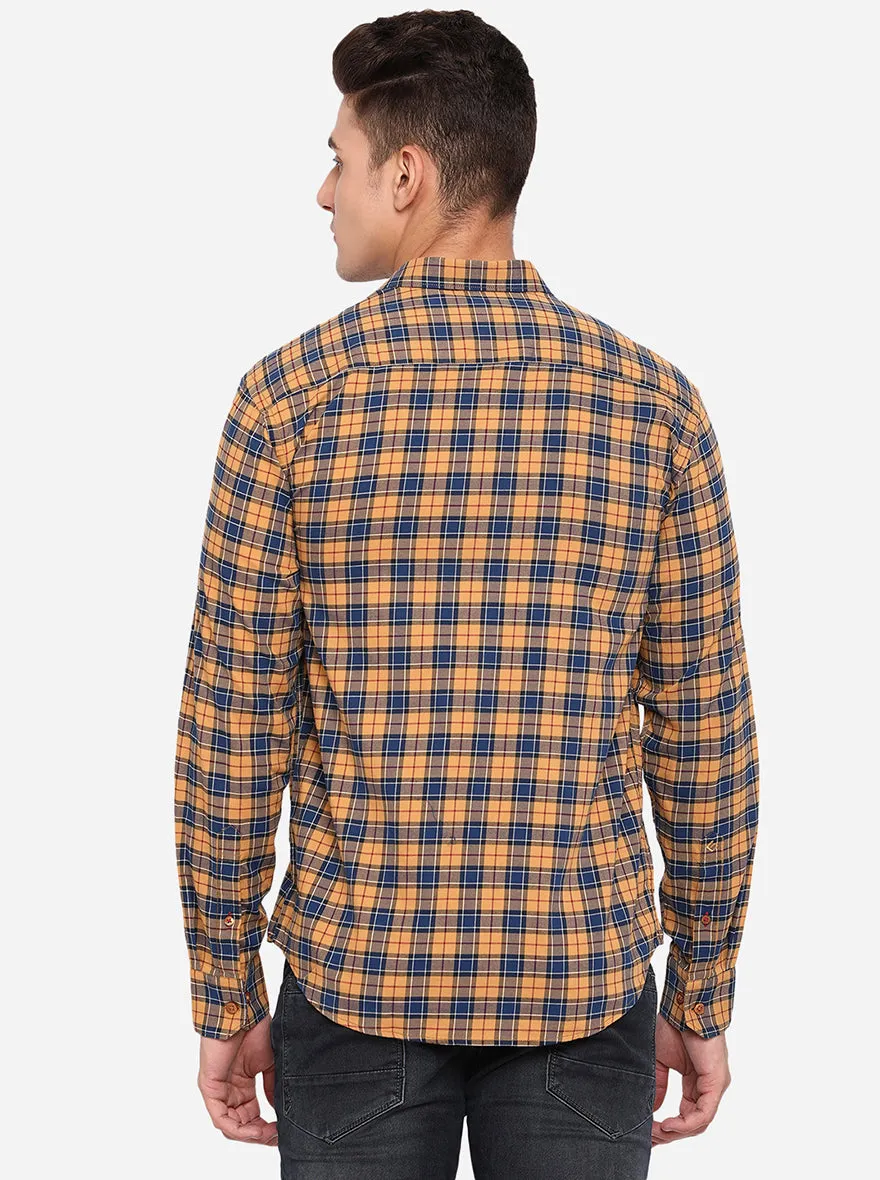 Golden & Navy Blue Checked Classic Fit Casual Shirt | Greenfibre