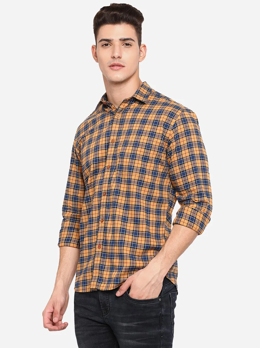 Golden & Navy Blue Checked Classic Fit Casual Shirt | Greenfibre