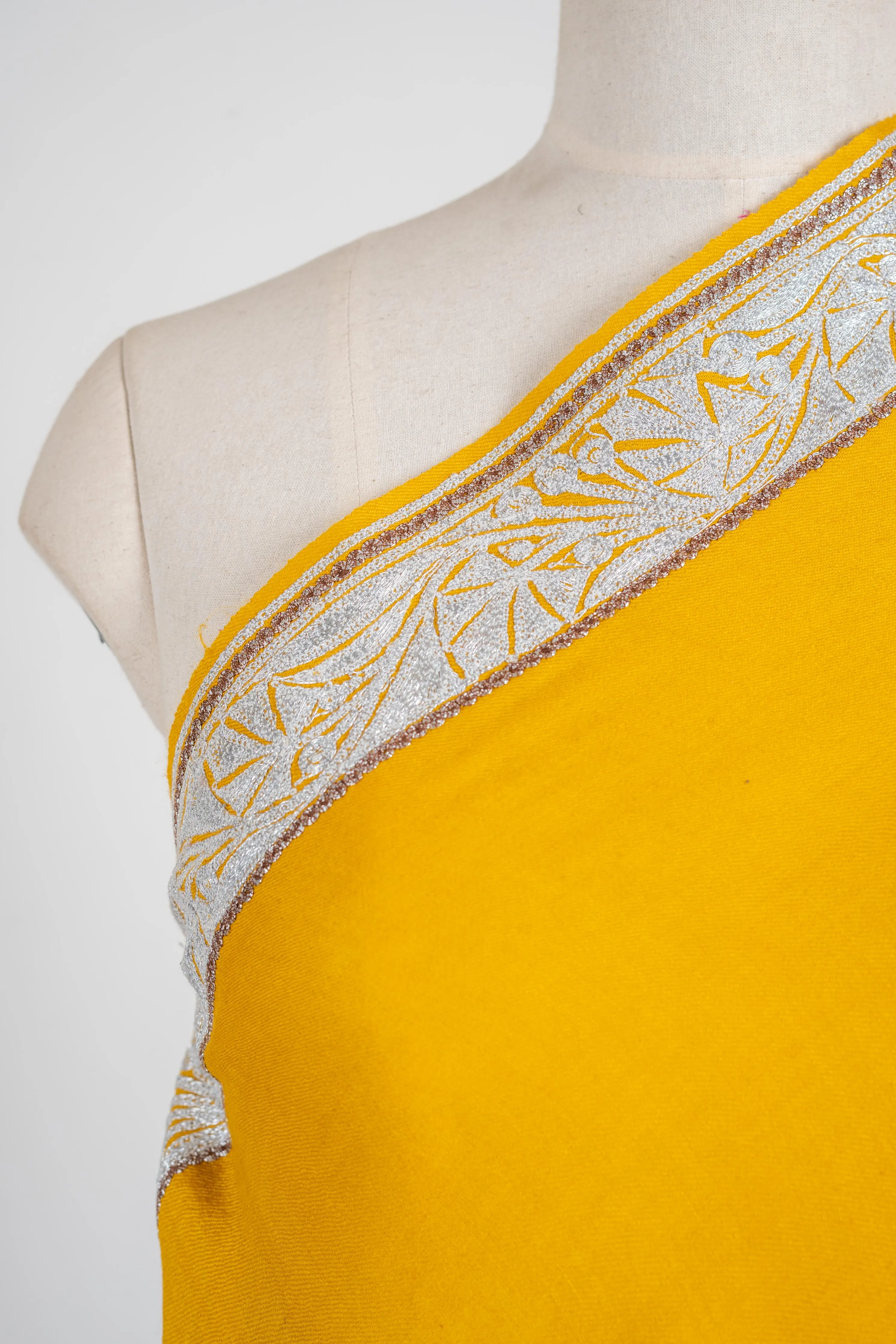 Golden Opulence Merino Wool Shawl with Intricate Hand-Embroidered Borders