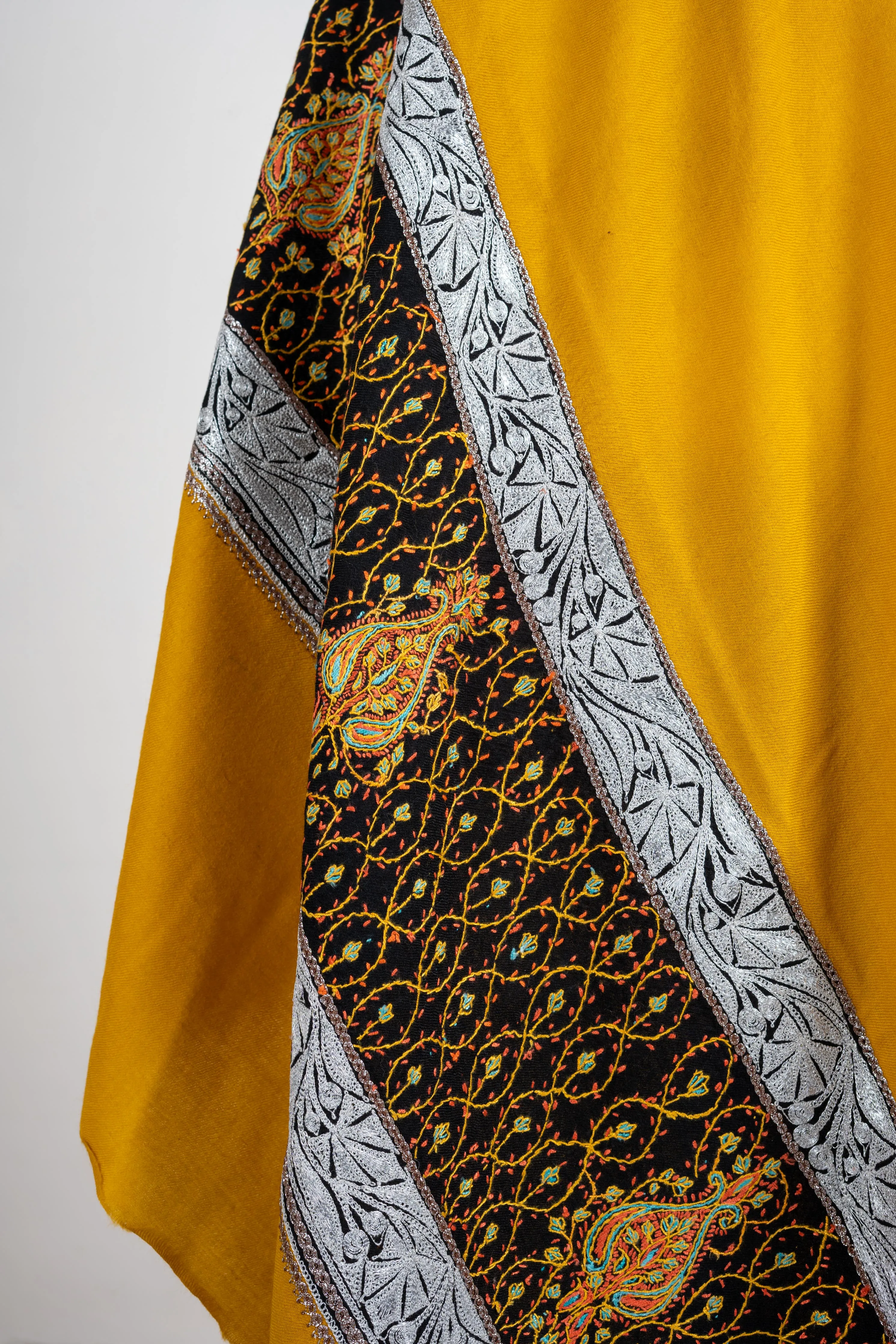 Golden Opulence Merino Wool Shawl with Intricate Hand-Embroidered Borders