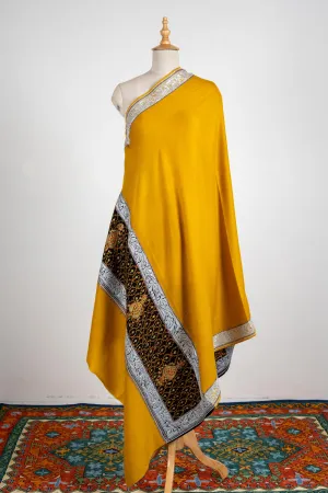 Golden Opulence Merino Wool Shawl with Intricate Hand-Embroidered Borders