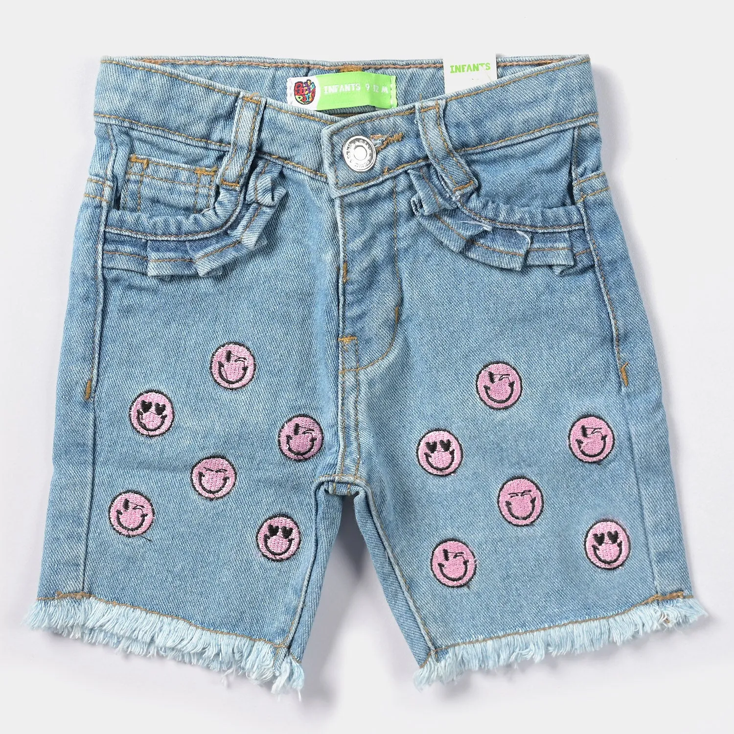 Infant Girls Denim Short Smiley-Ice Blue