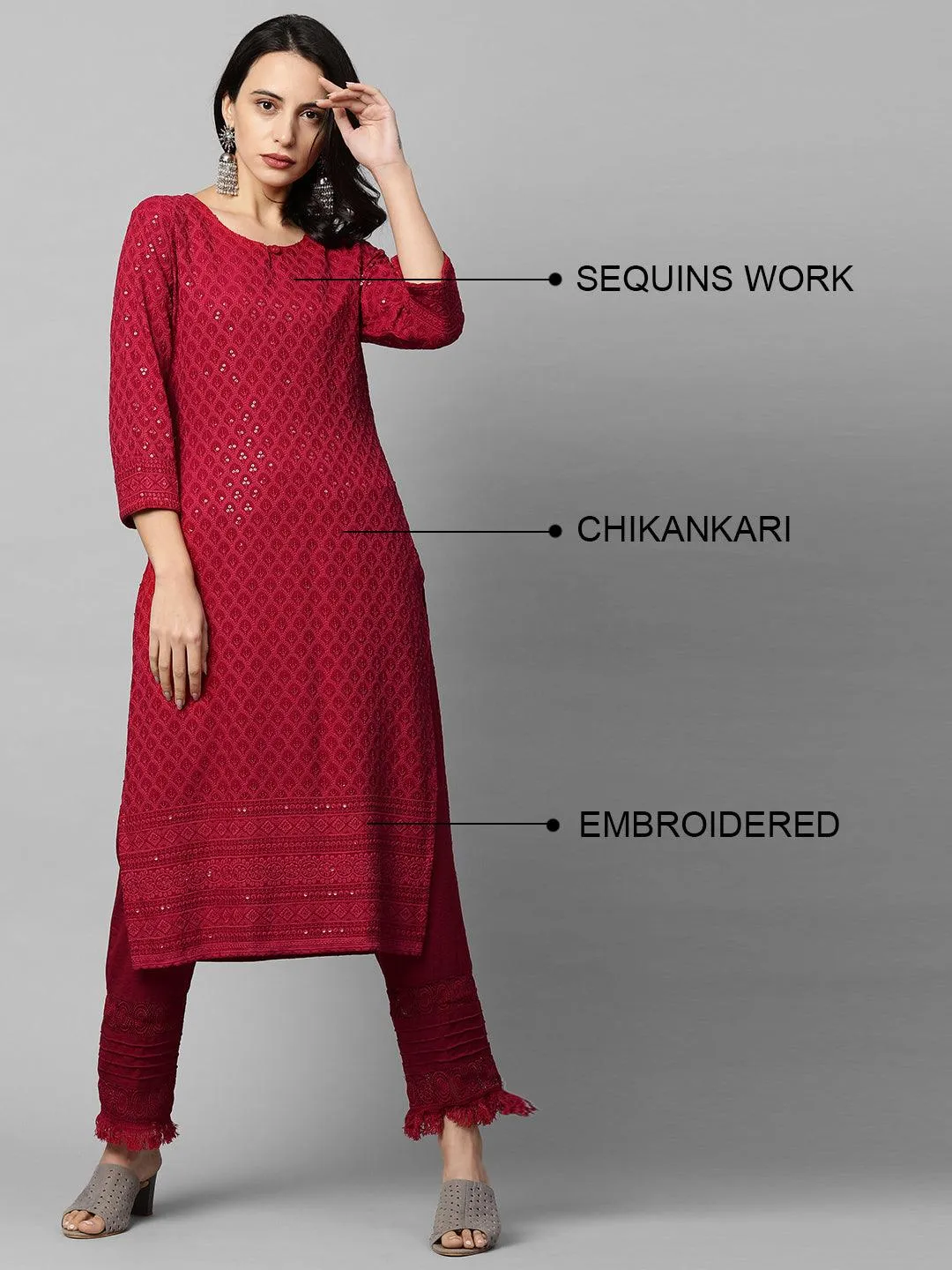 Intricate Chikankari Embroidered Straight Kurta - Red