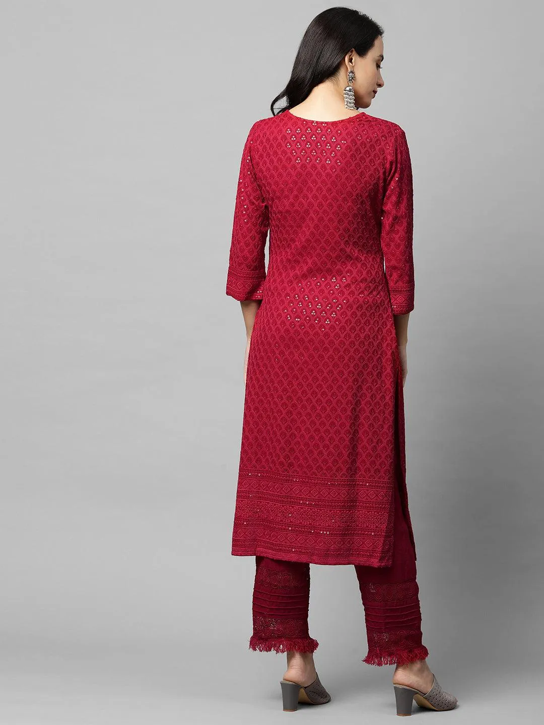 Intricate Chikankari Embroidered Straight Kurta - Red