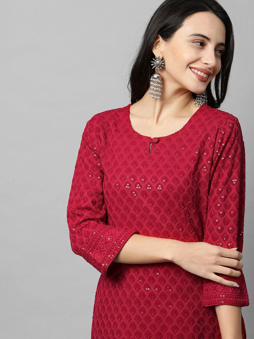 Intricate Chikankari Embroidered Straight Kurta - Red