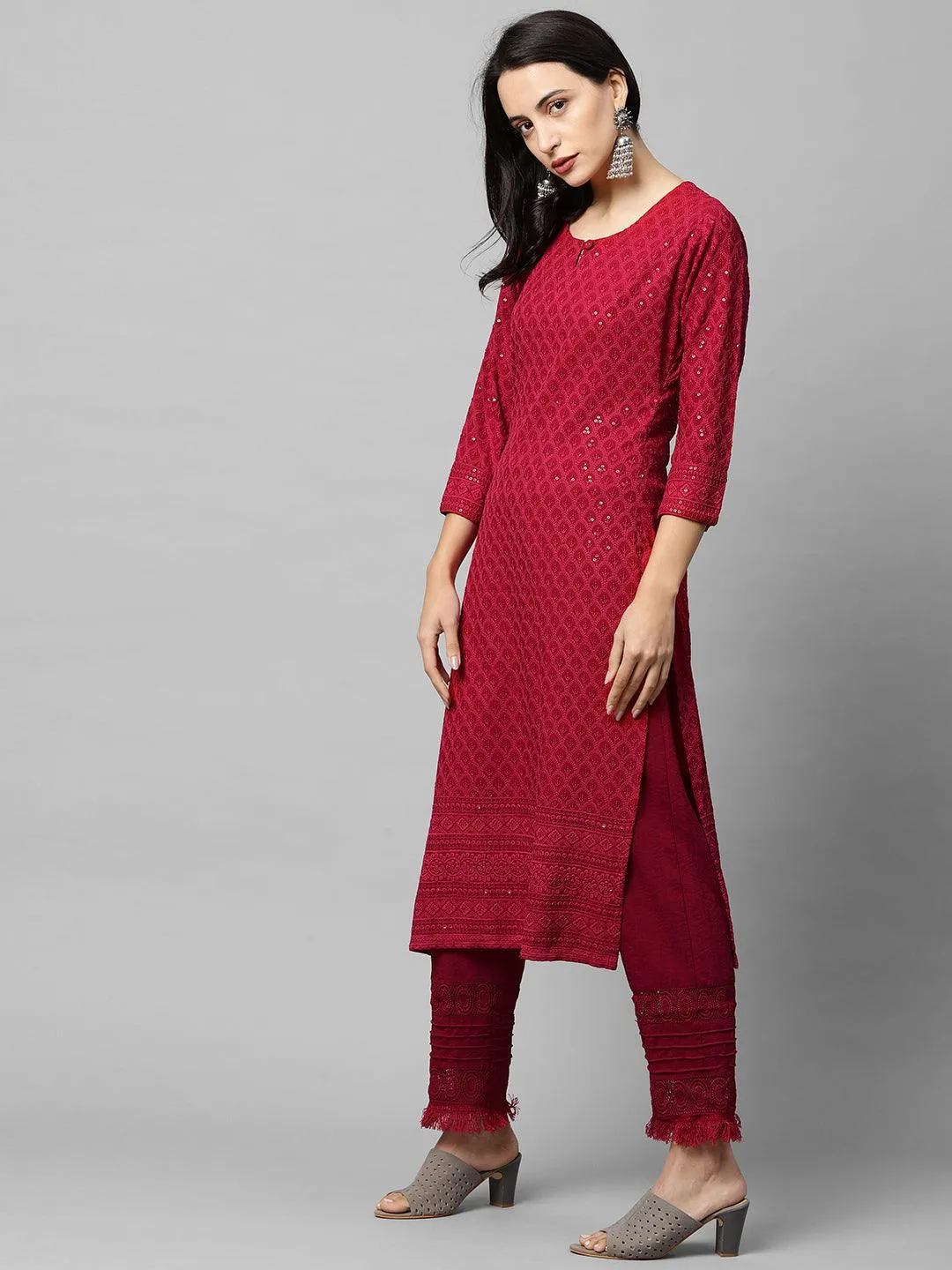 Intricate Chikankari Embroidered Straight Kurta - Red