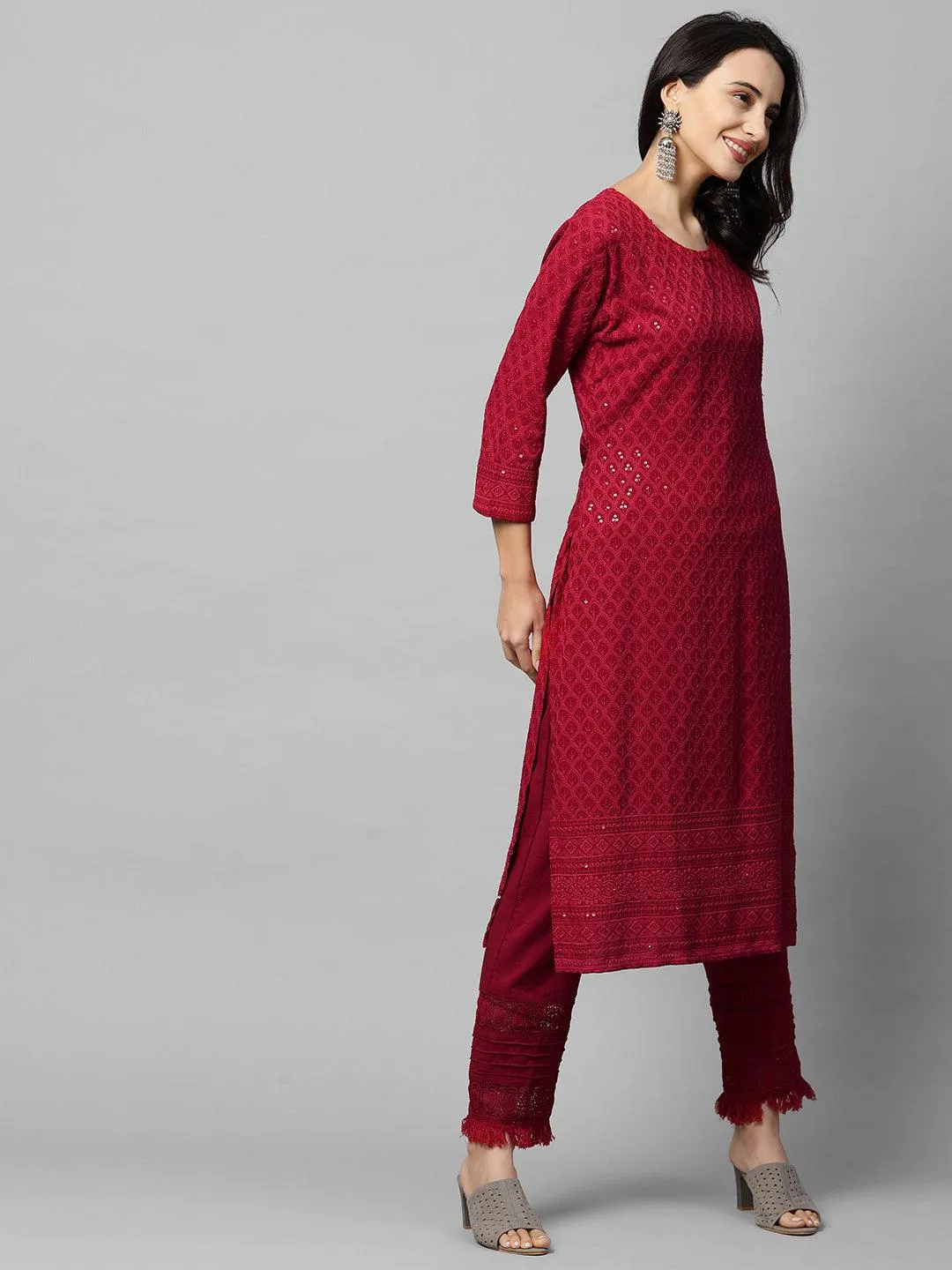 Intricate Chikankari Embroidered Straight Kurta - Red