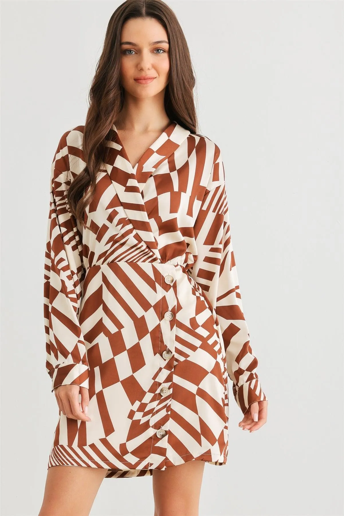 Ivory & Brown Abstract Satin Wrap Neck Button Mini Dress /2-2-2