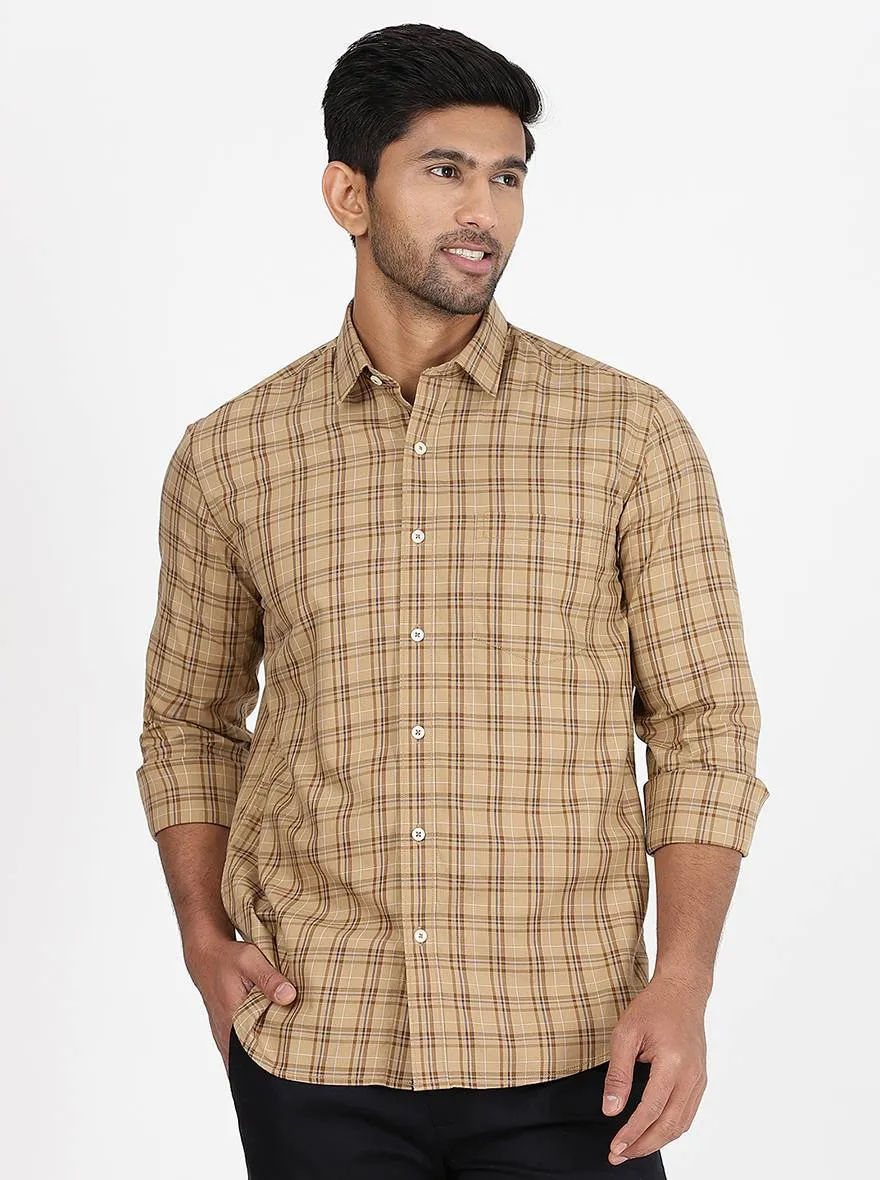 Khaki Checked Slim Fit Semi Casual Shirt | JadeBlue