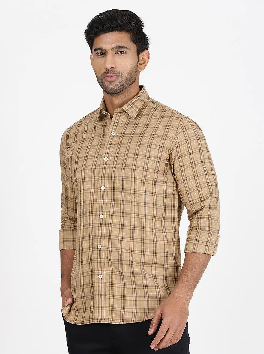 Khaki Checked Slim Fit Semi Casual Shirt | JadeBlue