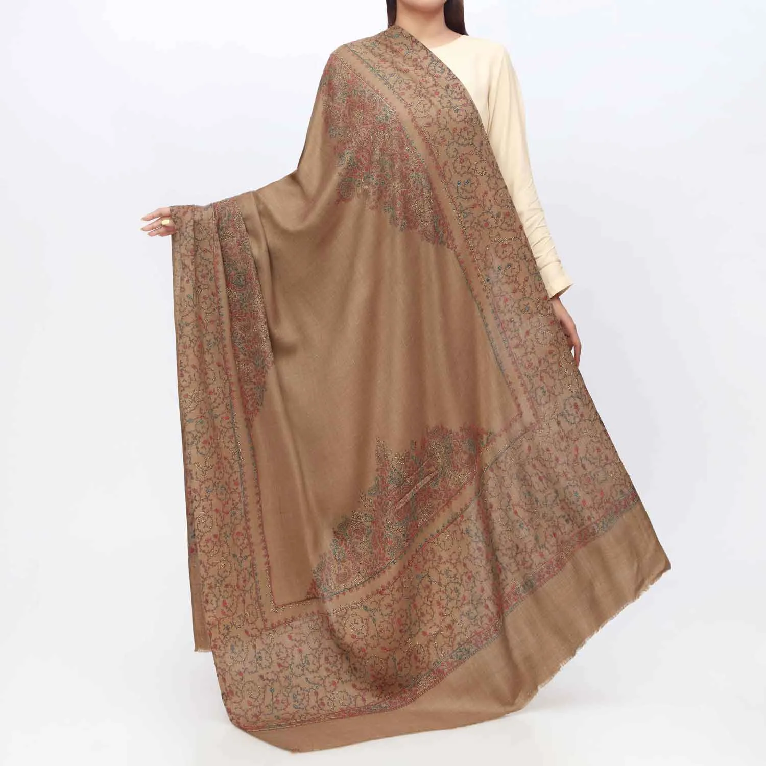 Khaki Embroidered Winter Shawl PW3703