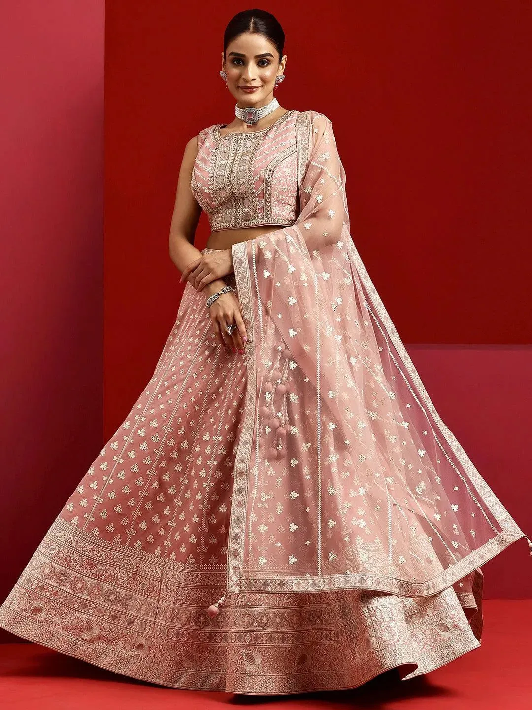 Libas Art Pink Embroidered Silk Blend Lehenga Set