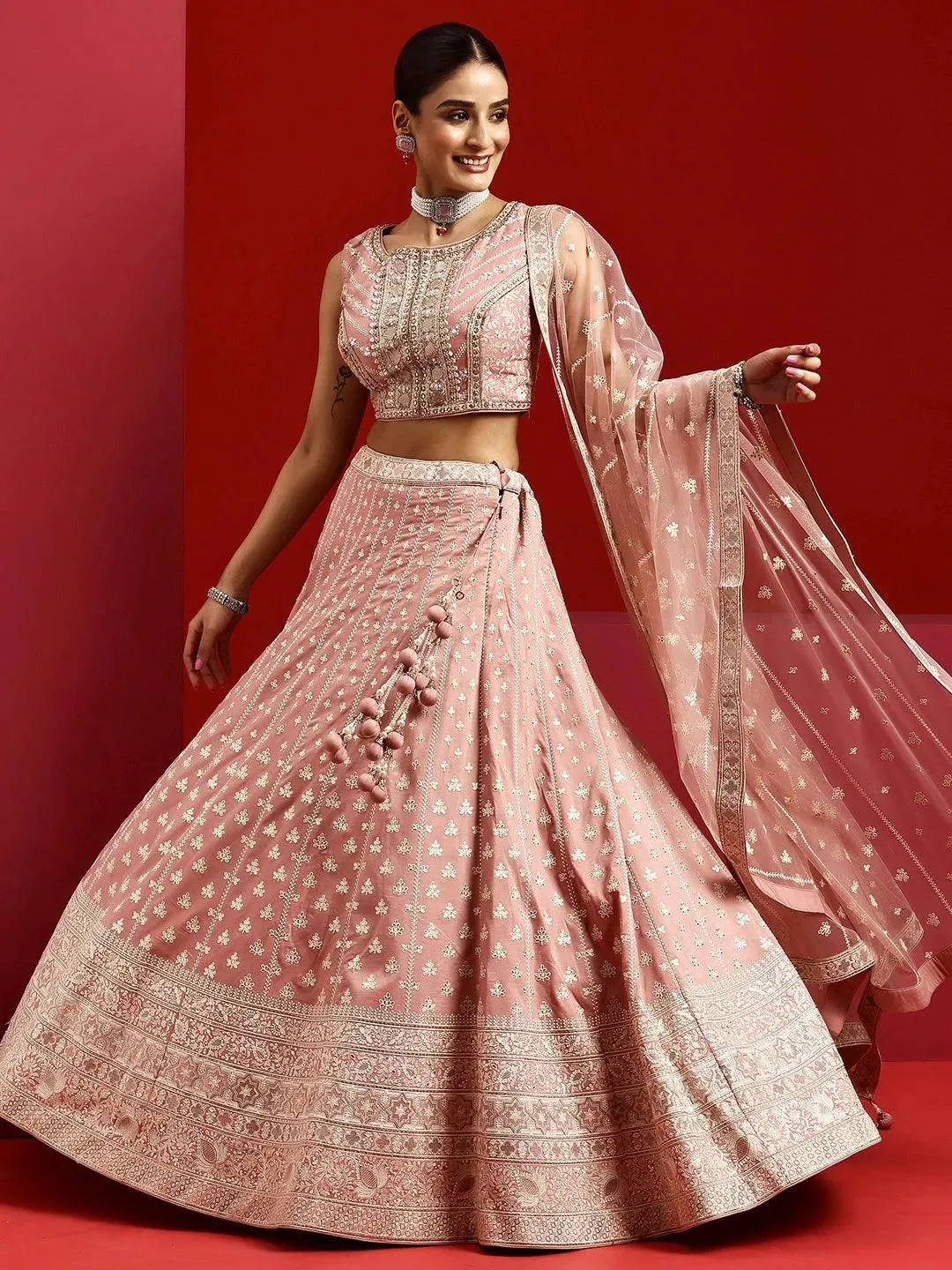 Libas Art Pink Embroidered Silk Blend Lehenga Set