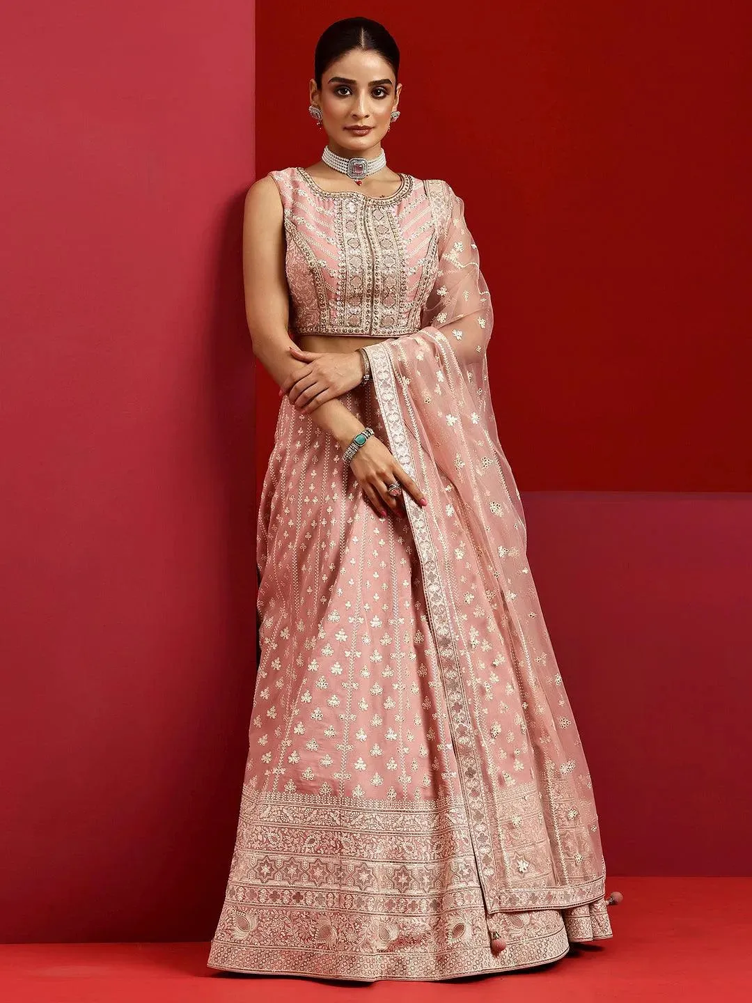 Libas Art Pink Embroidered Silk Blend Lehenga Set