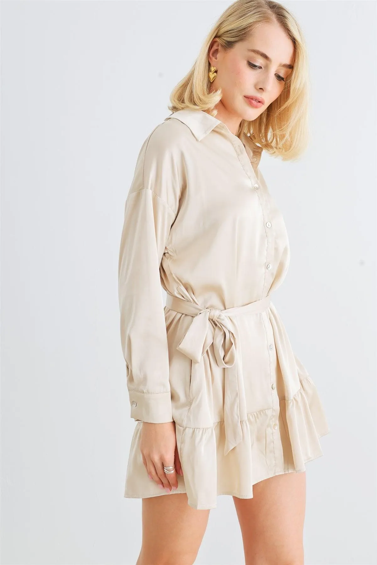 Light Taupe Satin Button-Up Collared Neck Belted Mini Dress /1-2-2-1