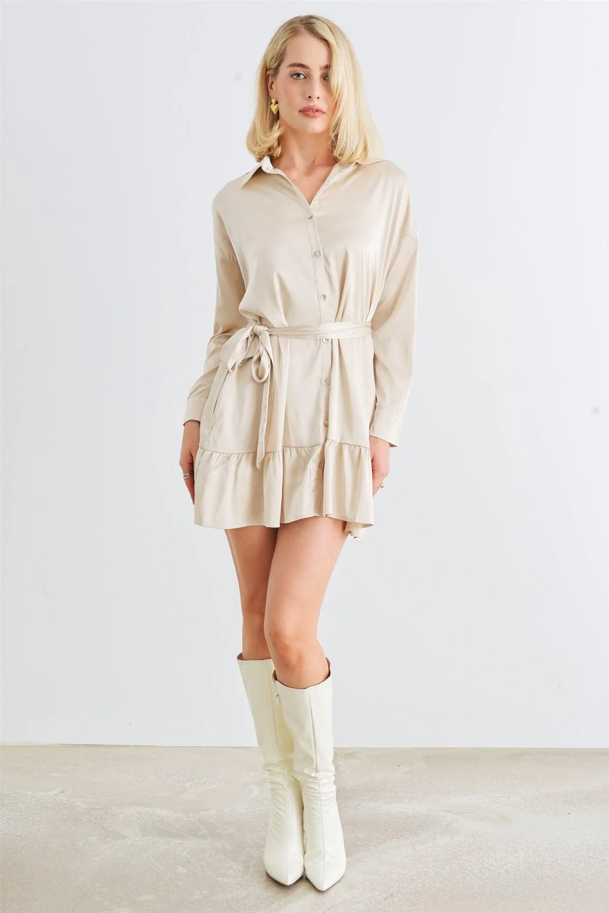 Light Taupe Satin Button-Up Collared Neck Belted Mini Dress /1-2-2-1