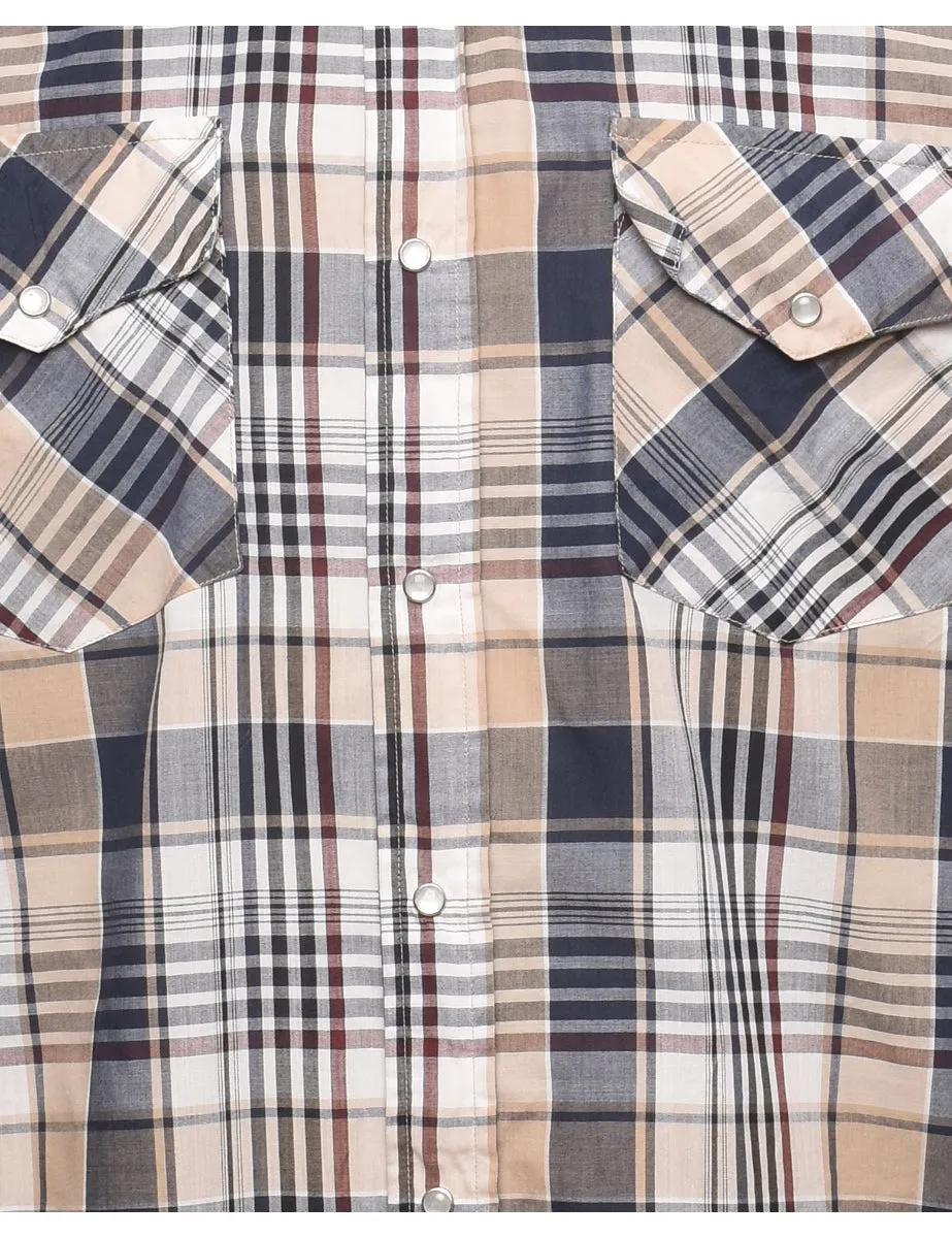 Long-Sleeved Beige & Navy Checked Shirt - L