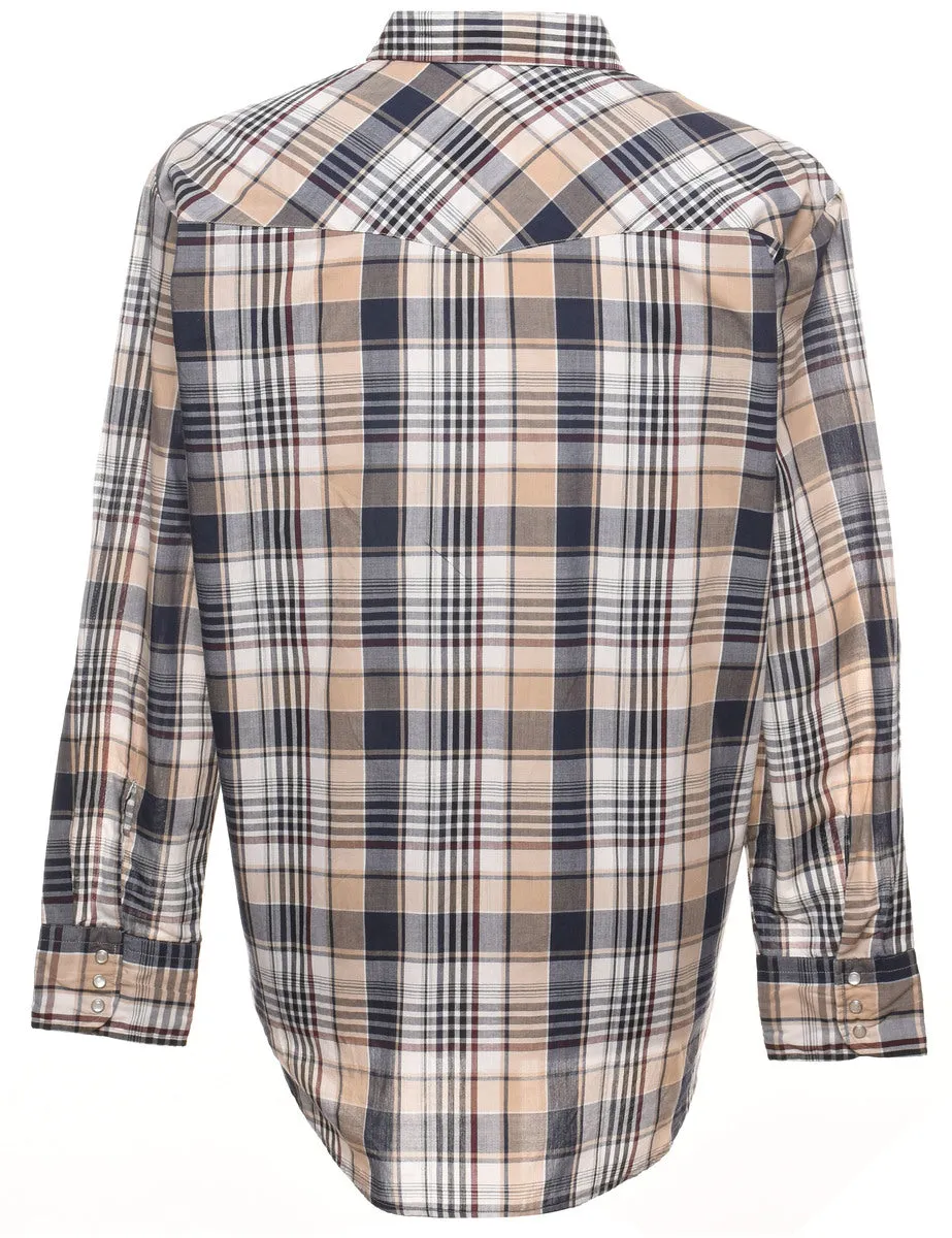 Long-Sleeved Beige & Navy Checked Shirt - L