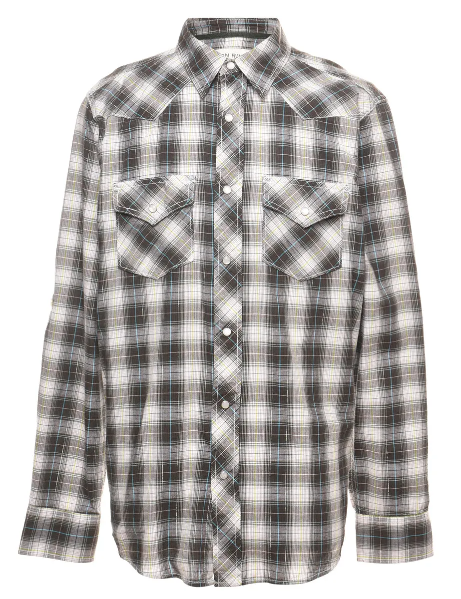 Long Sleeved Grey & Black Checked Western Shirt - M