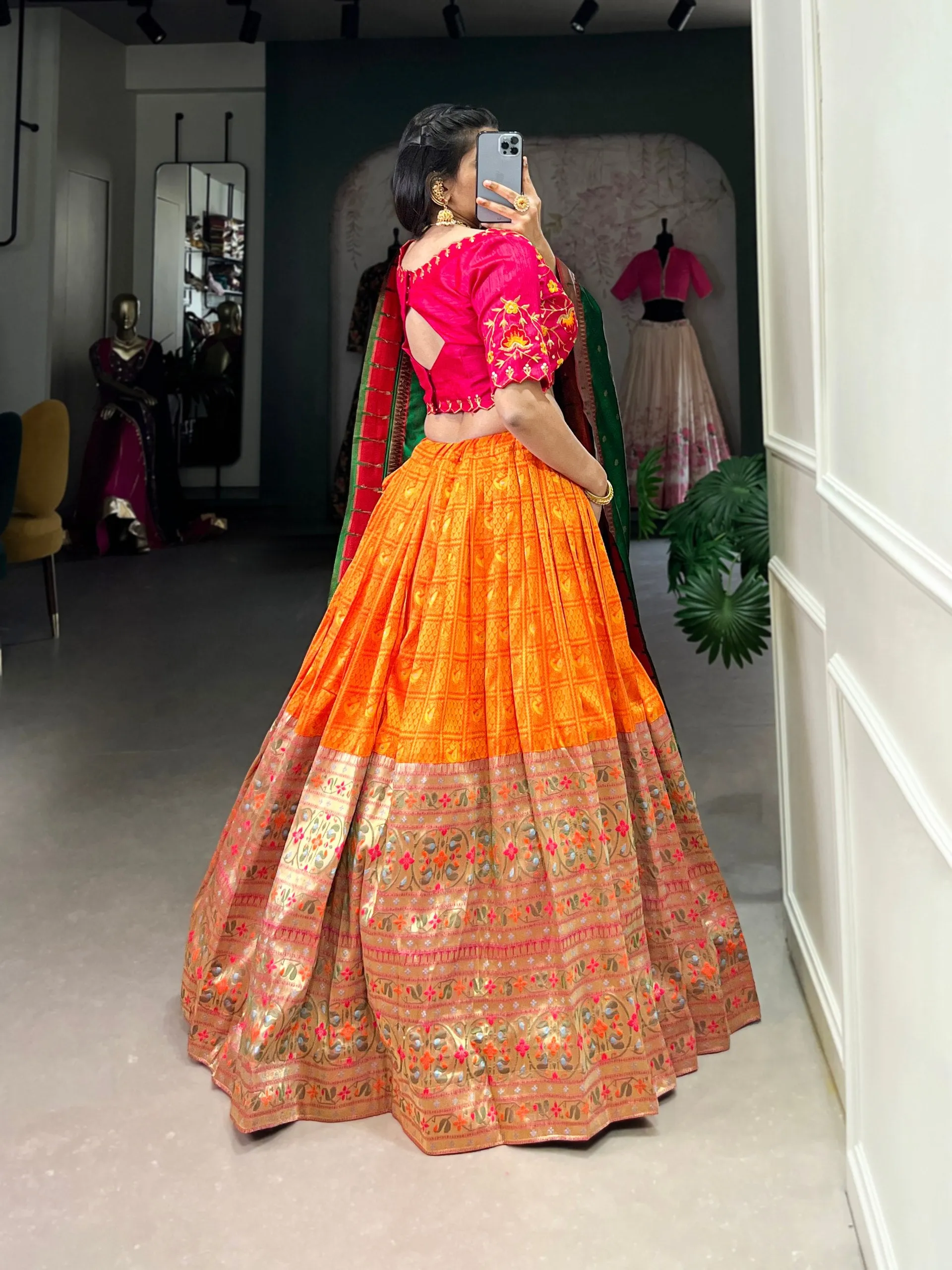 Luxurious Orange Jacquard Paithani Zari Weaved Lehenga Choli