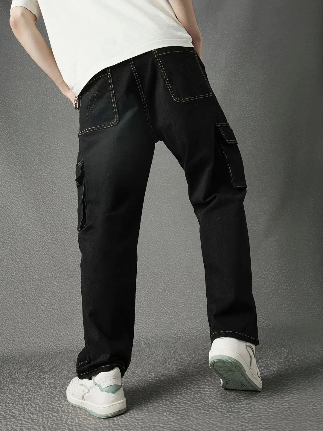 Men Premium Cototn Stretch Relax Fit Stylised Pocket Contrast Thread Denim Cargo