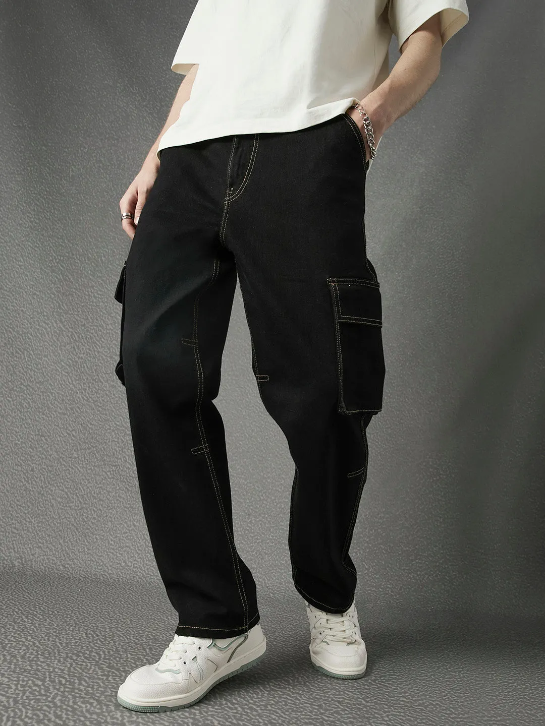 Men Premium Cototn Stretch Relax Fit Stylised Pocket Contrast Thread Denim Cargo