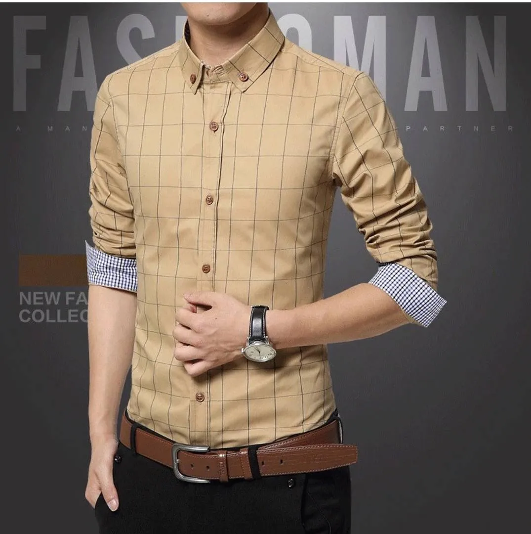 Men's Beige Cotton Checked Long Sleeves Regular Fit Casual Shirt