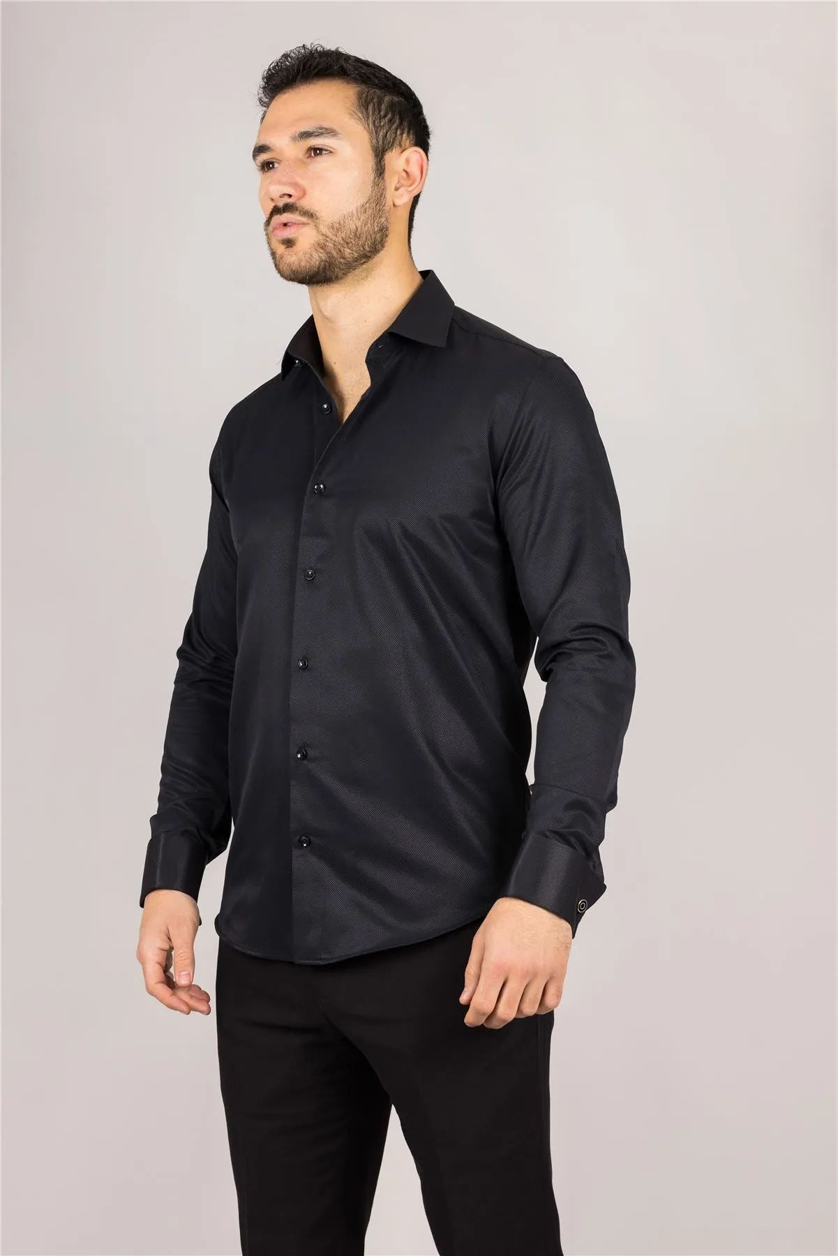 Men's Black Long Sleeve Regular Fit Double Cuff Twill Oxford Shirt