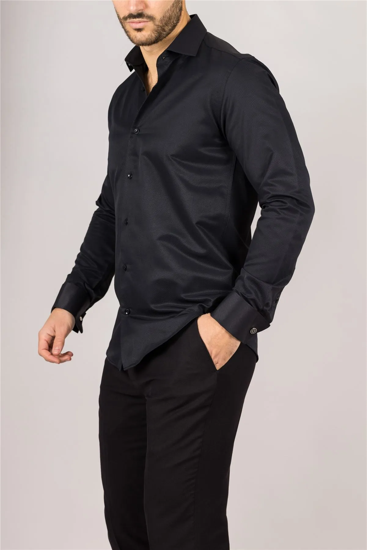 Men's Black Long Sleeve Regular Fit Double Cuff Twill Oxford Shirt