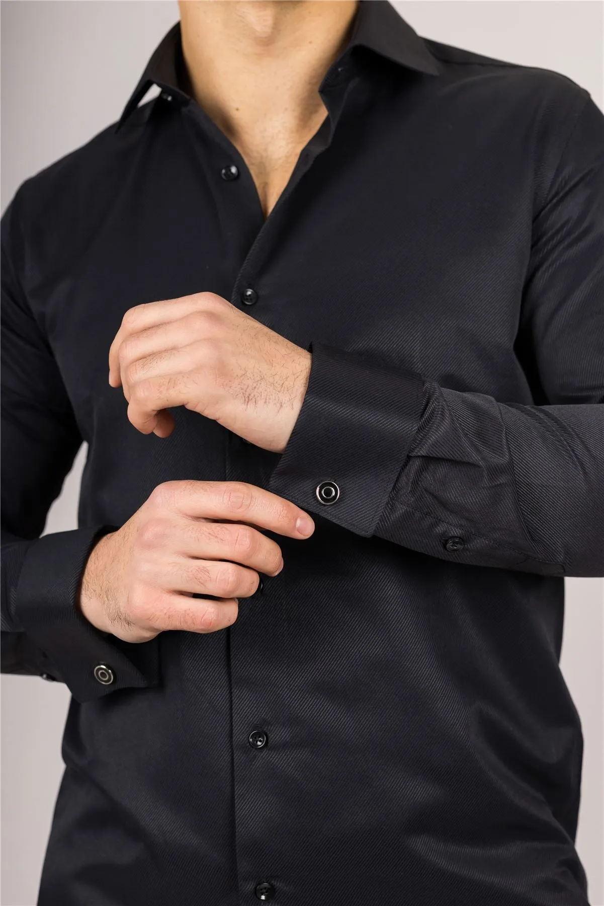 Men's Black Long Sleeve Regular Fit Double Cuff Twill Oxford Shirt