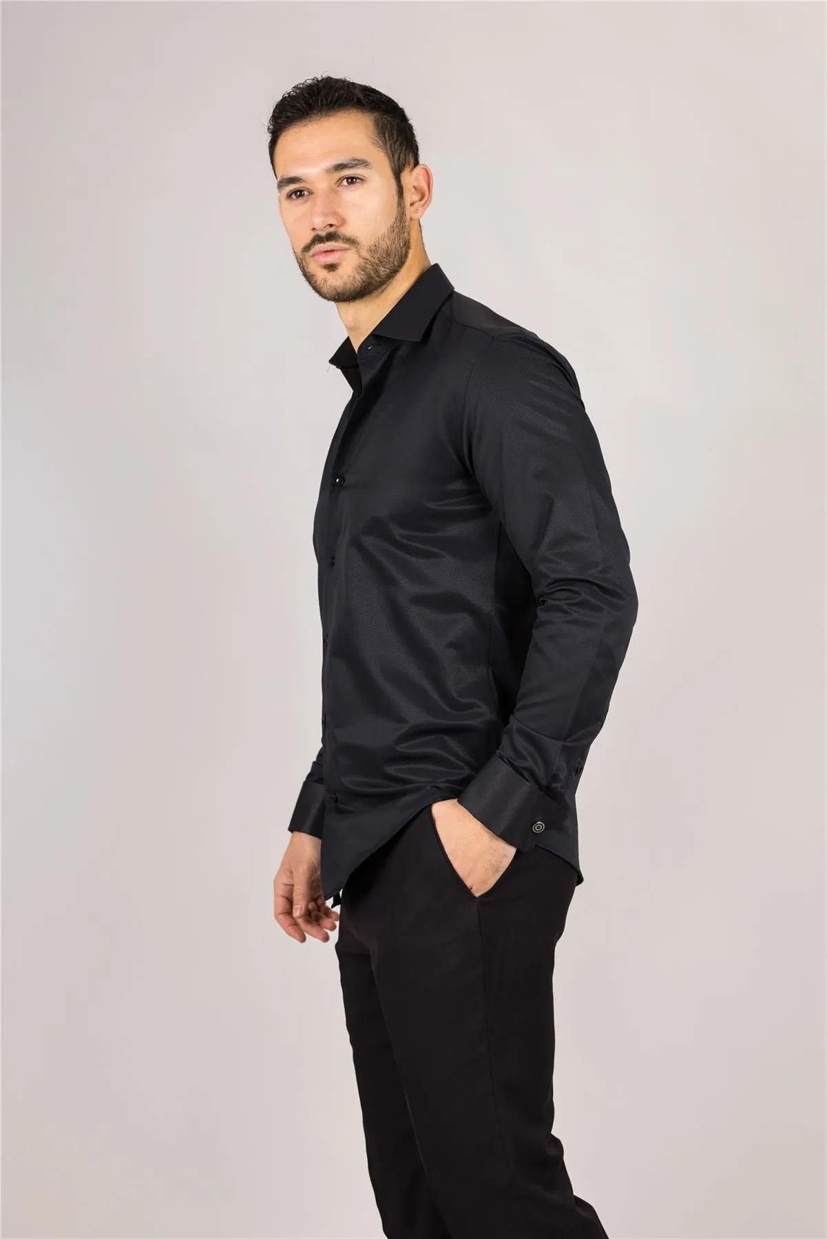 Men's Black Long Sleeve Regular Fit Double Cuff Twill Oxford Shirt