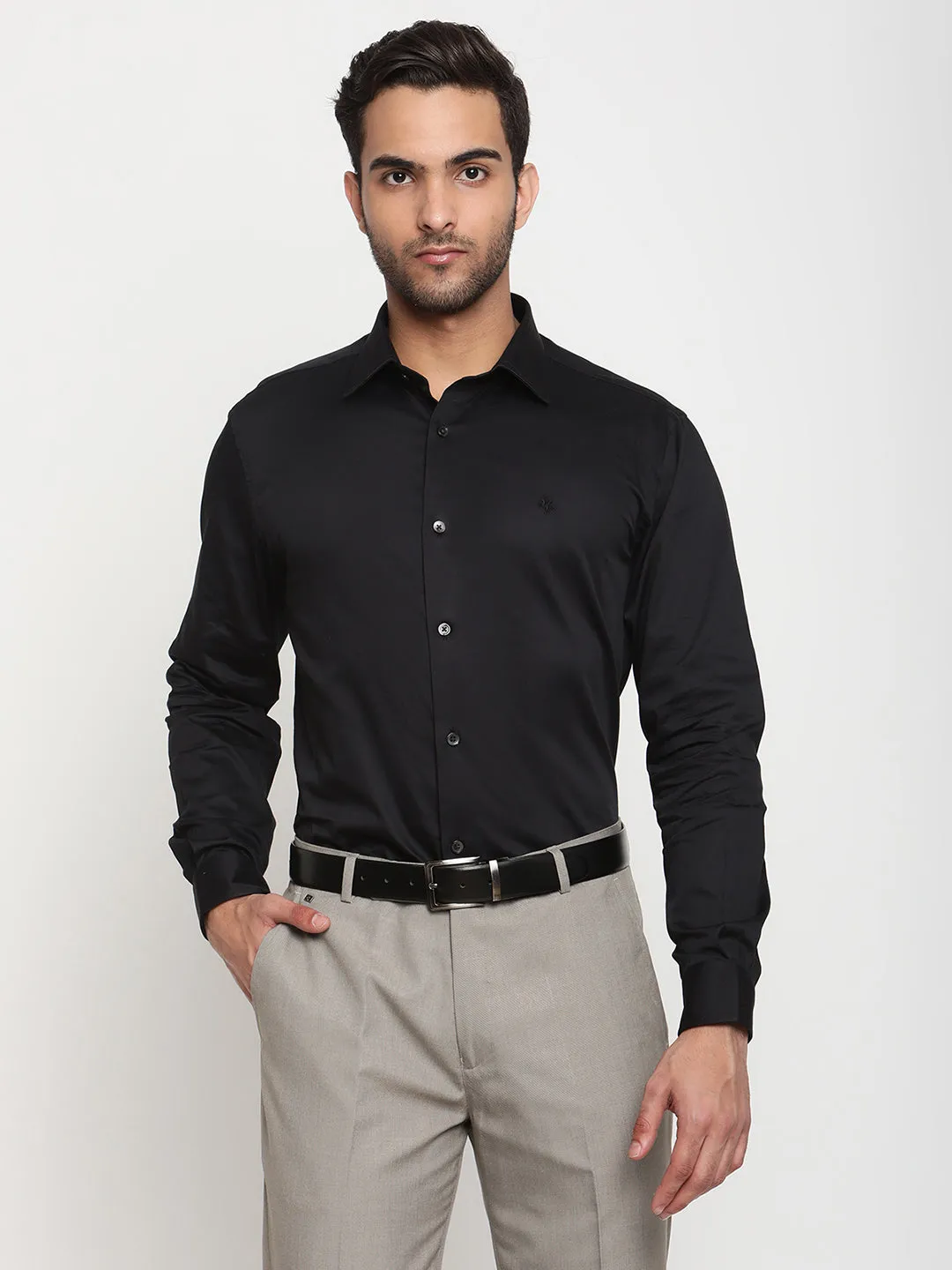 Men's Black Party Plain Satin Full Sleeve Shirt