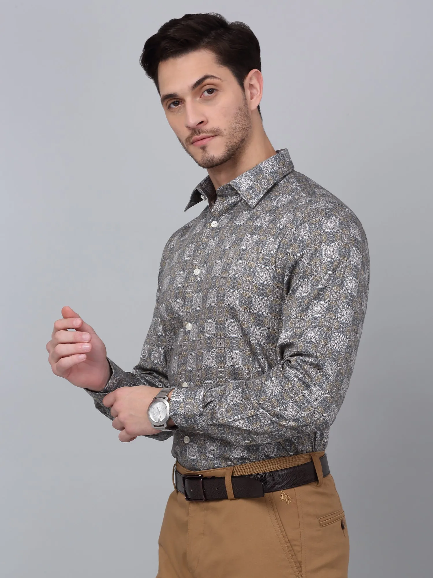 Men's Teal Blue Party Geometric Print Full Sleeve Shirt