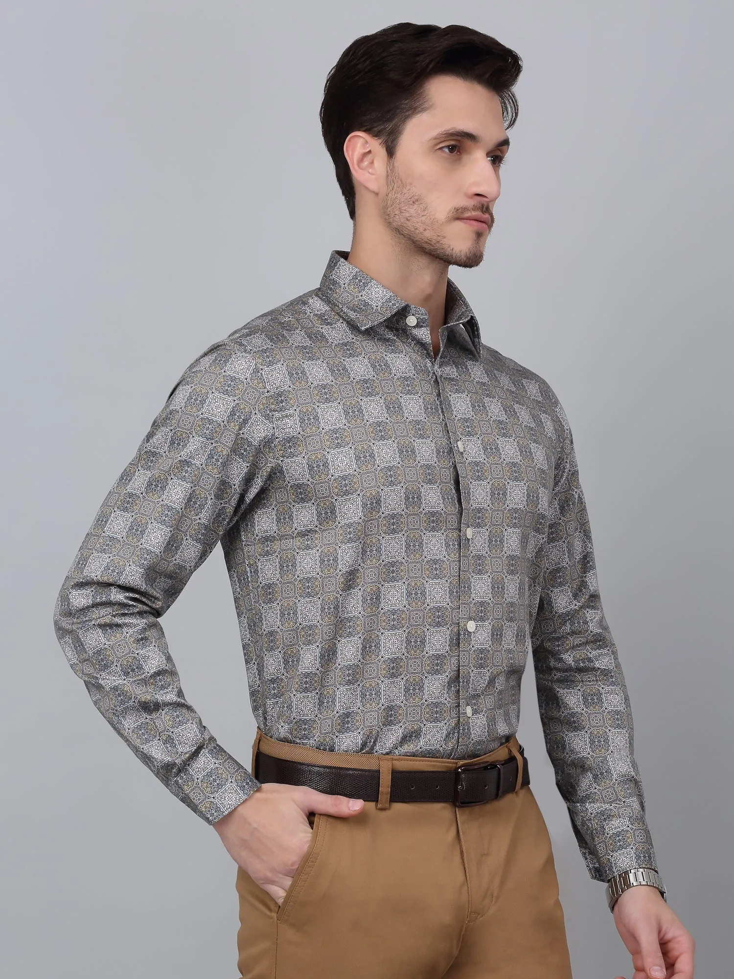 Men's Teal Blue Party Geometric Print Full Sleeve Shirt