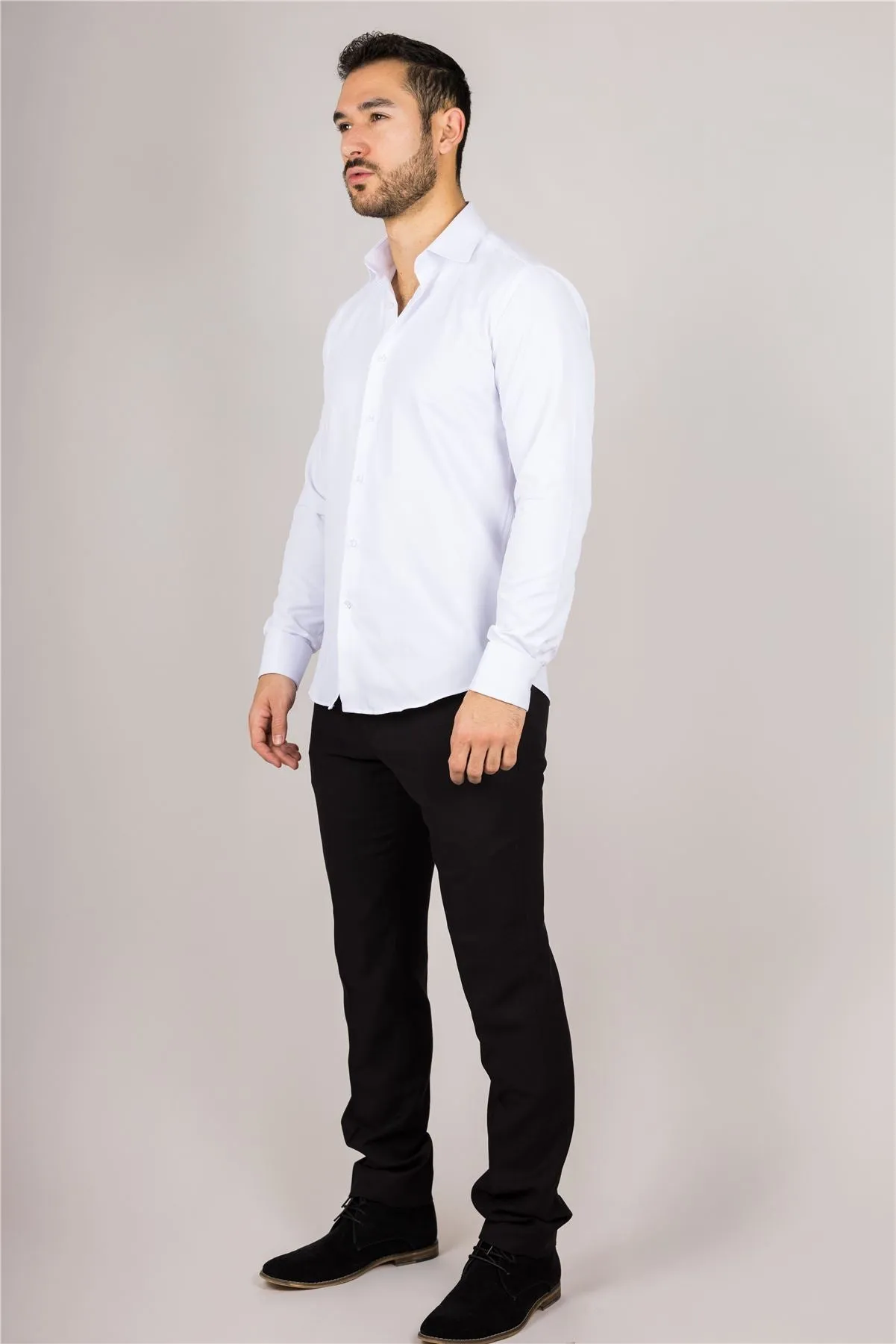 Men's White Long Sleeve Regular Fit Double Cuff Twill Oxford Shirt