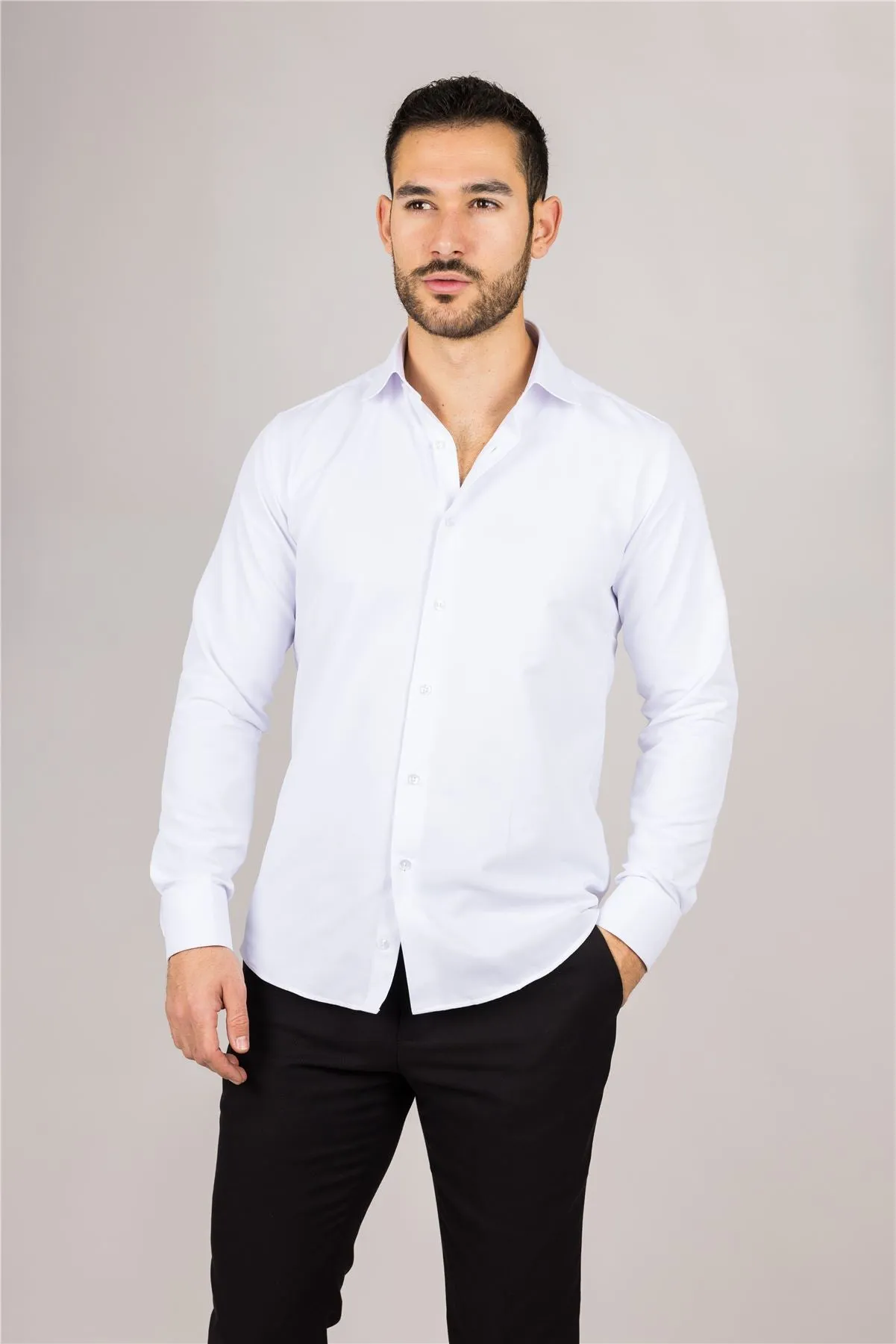 Men's White Long Sleeve Regular Fit Double Cuff Twill Oxford Shirt