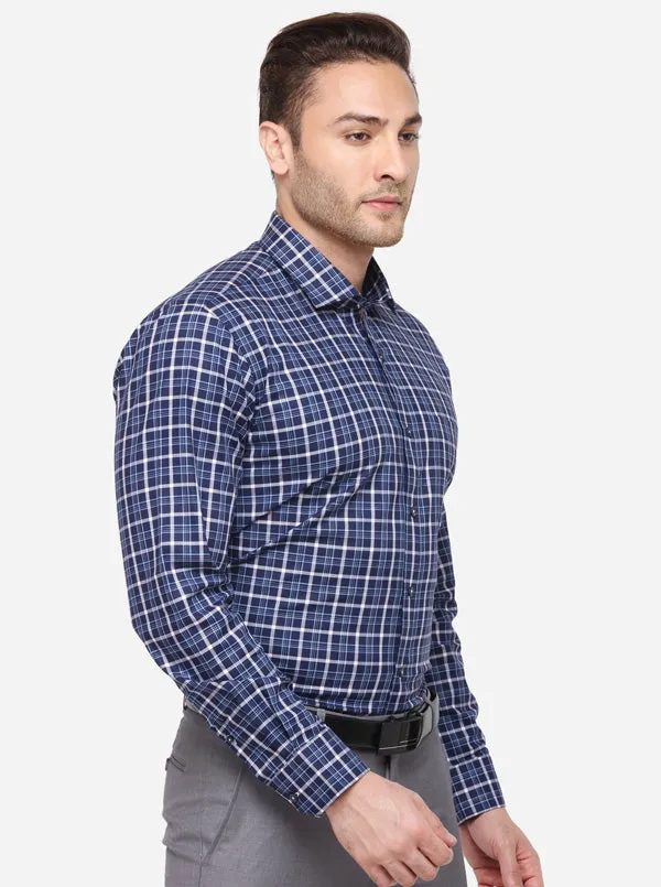 Navy Blue & White Checked Regular Fit Formal Shirt | JadeBlue