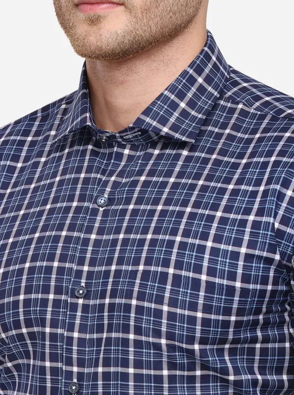 Navy Blue & White Checked Regular Fit Formal Shirt | JadeBlue