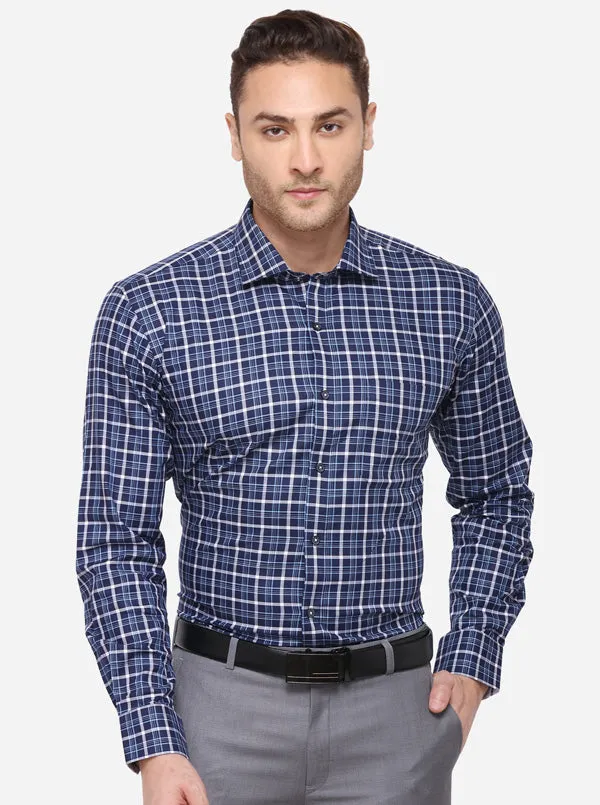 Navy Blue & White Checked Regular Fit Formal Shirt | JadeBlue