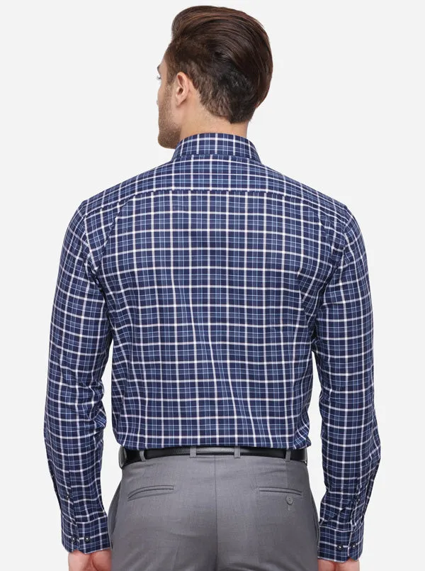 Navy Blue & White Checked Regular Fit Formal Shirt | JadeBlue