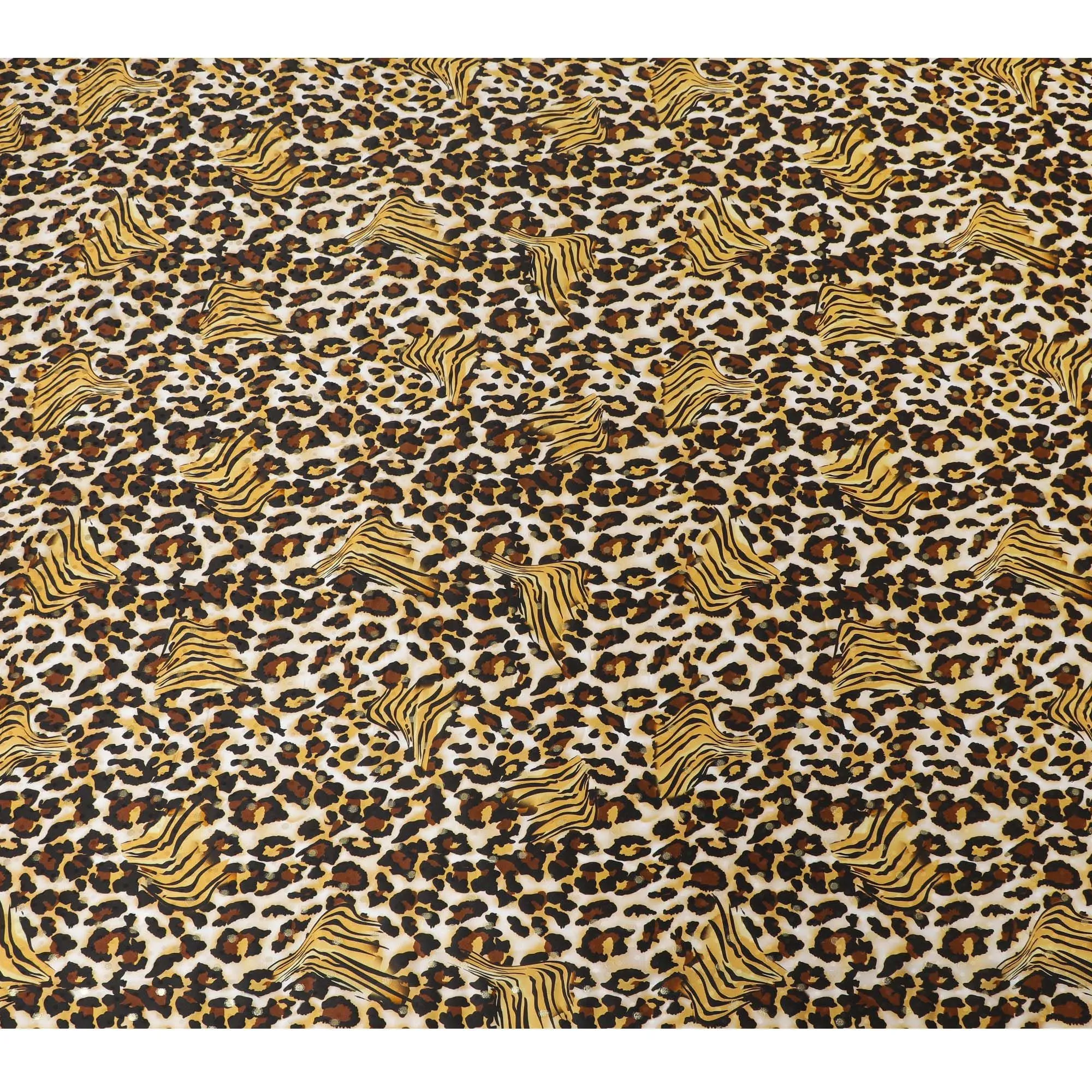 Off white Premium pure silk satin fabric with multicolor print having gold metallic lurex in animal skin design-D17069