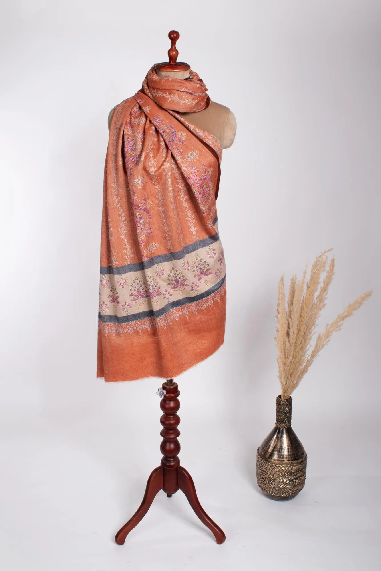 Orange Hand Sozni Embroidery Pashmina Shawl - WYCOMBE