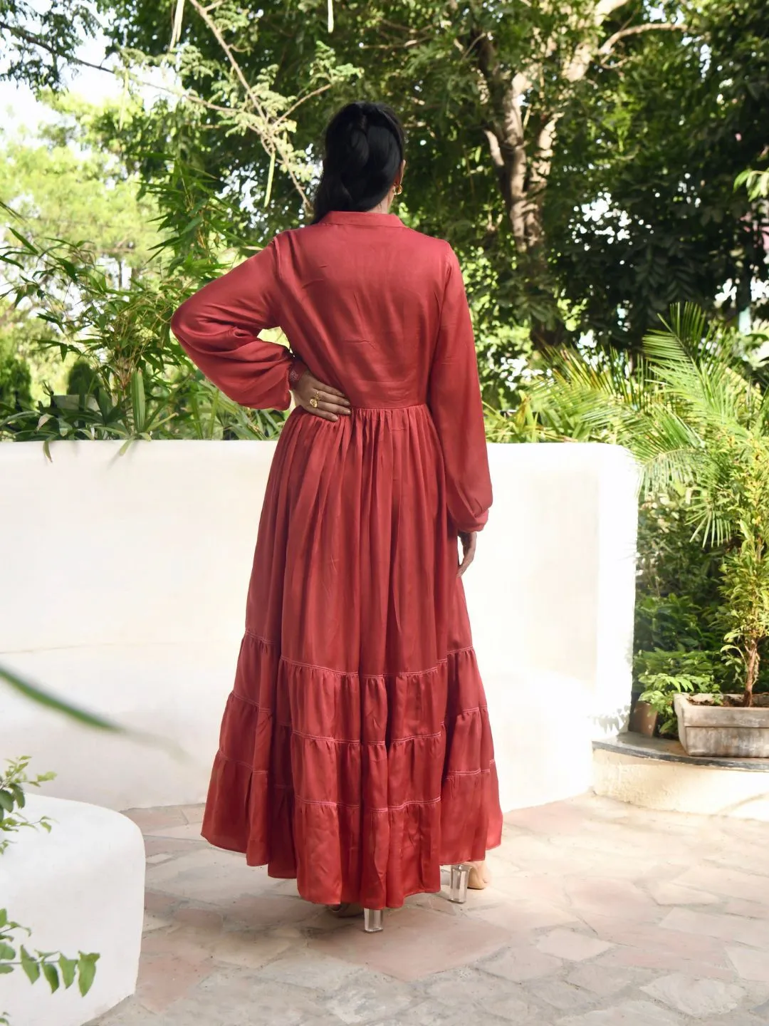 Persian Red Plunge Neck Pleated Dress