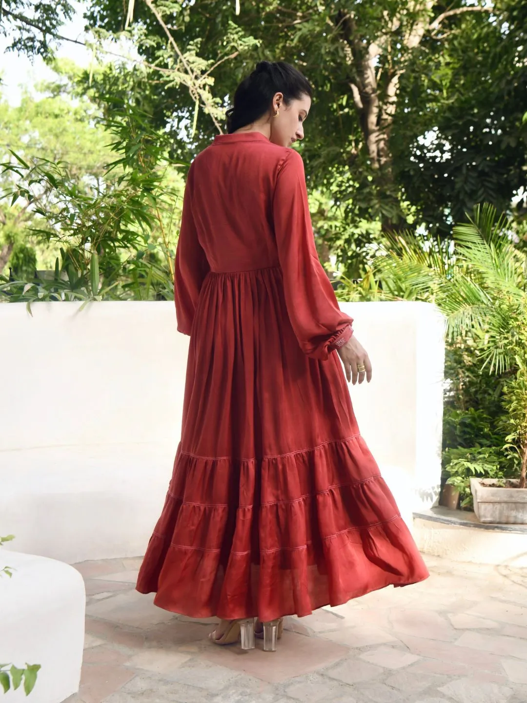 Persian Red Plunge Neck Pleated Dress